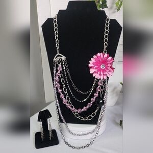 Multi Media Silver Chain Necklace with Pink Flower and Earrings Set New